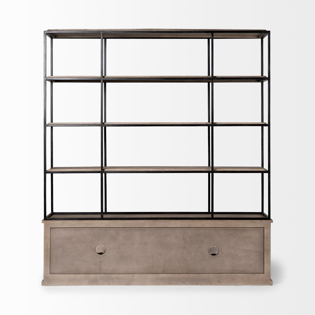 Braxton I Light Brown Wood and Iron Three Shelf Shelving Unit 81.5L x 18.5W x 90 Living Room Mercana