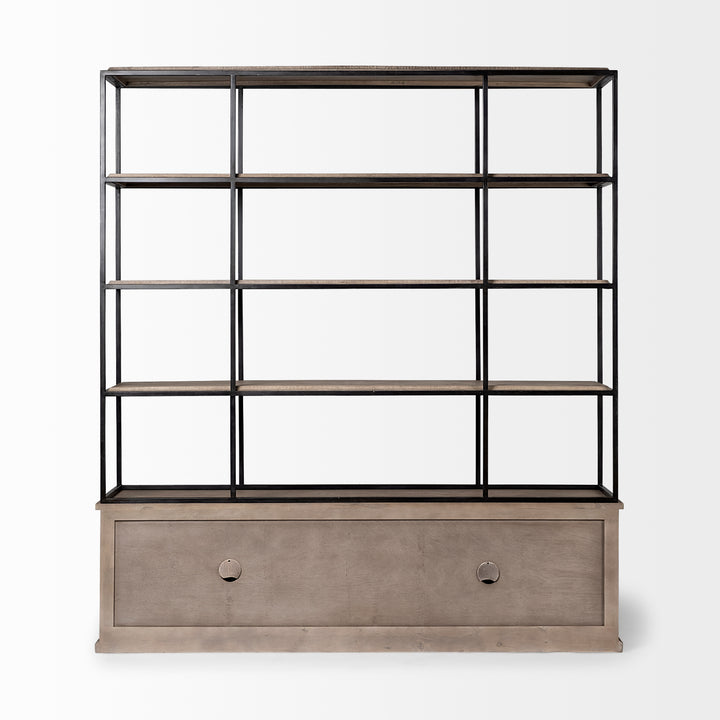 Braxton I Light Brown Wood and Iron Three Shelf Shelving Unit 81.5L x 18.5W x 90 Living Room Mercana