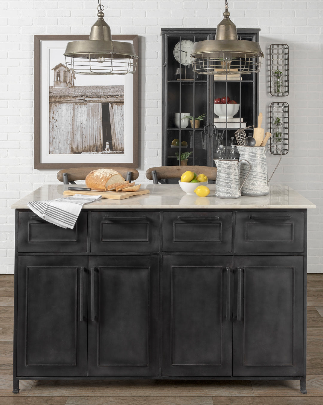 Fieri Solid Iron Black Body White Marble Top Four Drawer Kitchen Island Dining Room Mercana