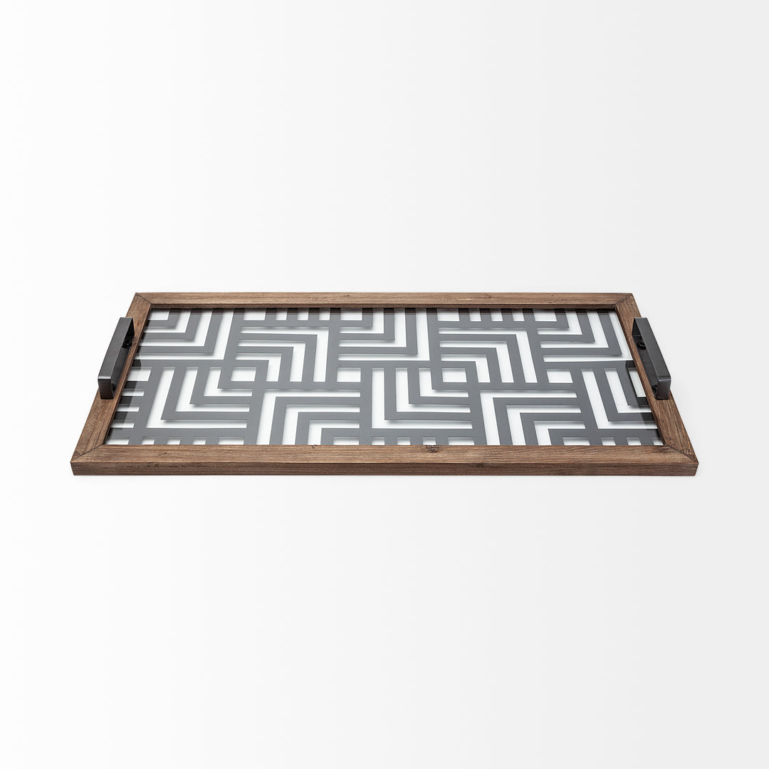 Fantuz 32L x 16W Gray Metal, Wood and Glass Serving Tray Decor Mercana