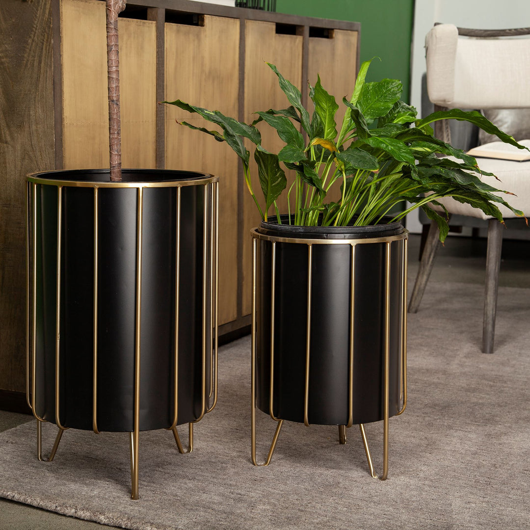 Pianta 13 x 21 Set of Two Black Metal Insert Brass Frame Plant Stands Decor Mercana