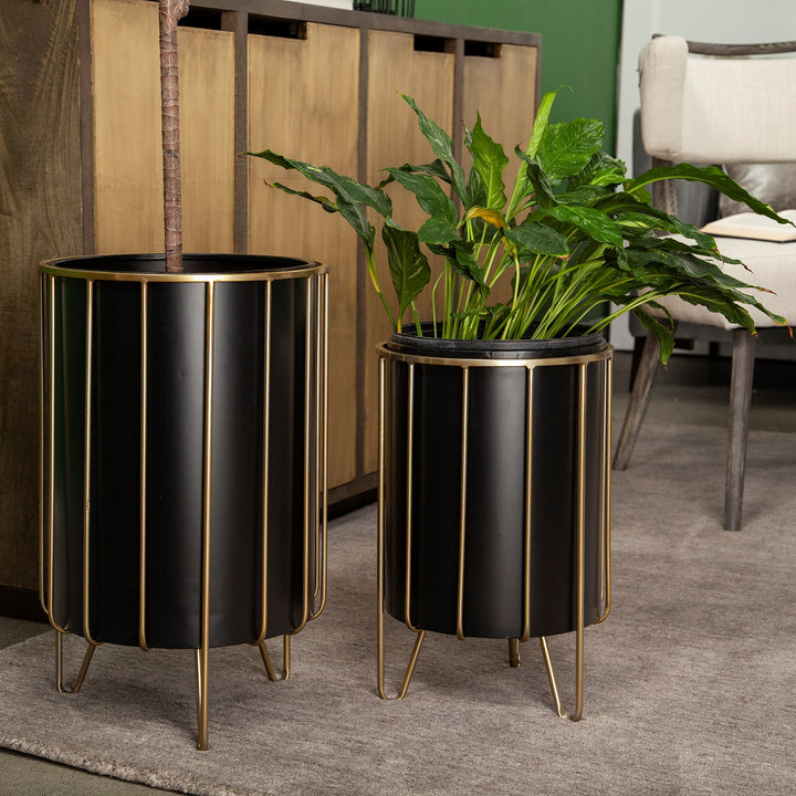 Pianta 13 x 21 Set of Two Black Metal Insert Brass Frame Plant Stands Decor Mercana