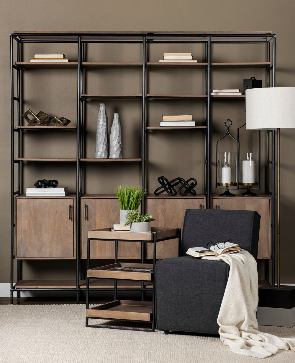 Darius Medium Brown Wood and Metal Multi-Shelf Shelving Unit Living Room Mercana