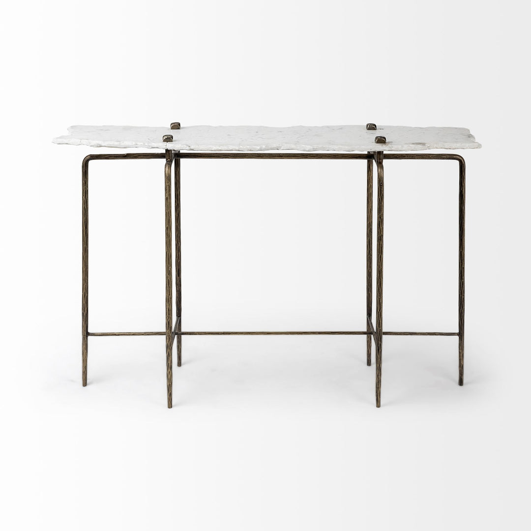 Pinera III 49L x 17W White Marble Top Gold-Toned Iron Base Console Table Dining Room Mercana