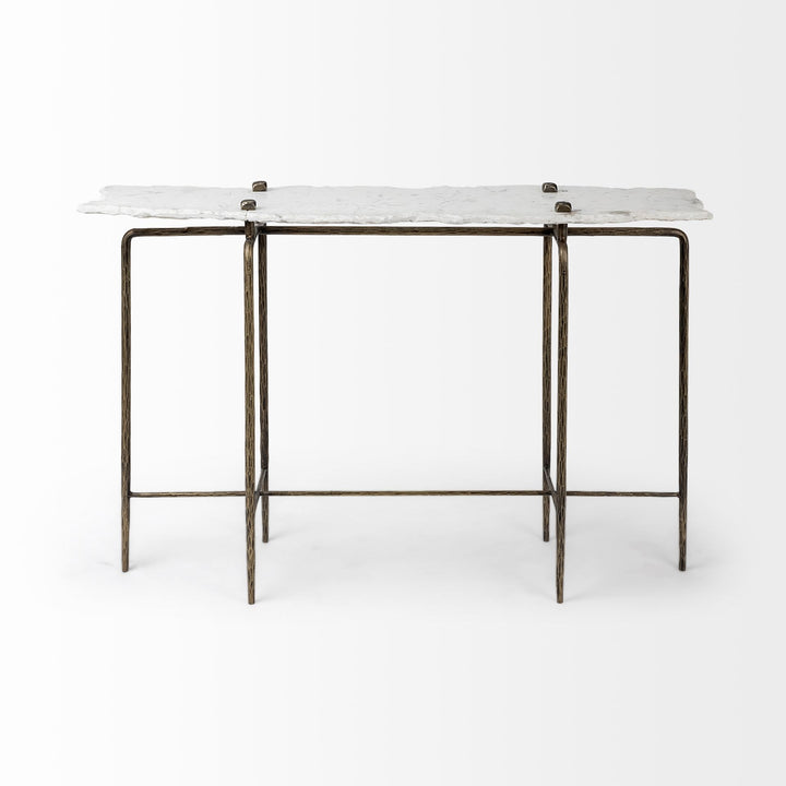 Pinera III 49L x 17W White Marble Top Gold-Toned Iron Base Console Table Dining Room Mercana