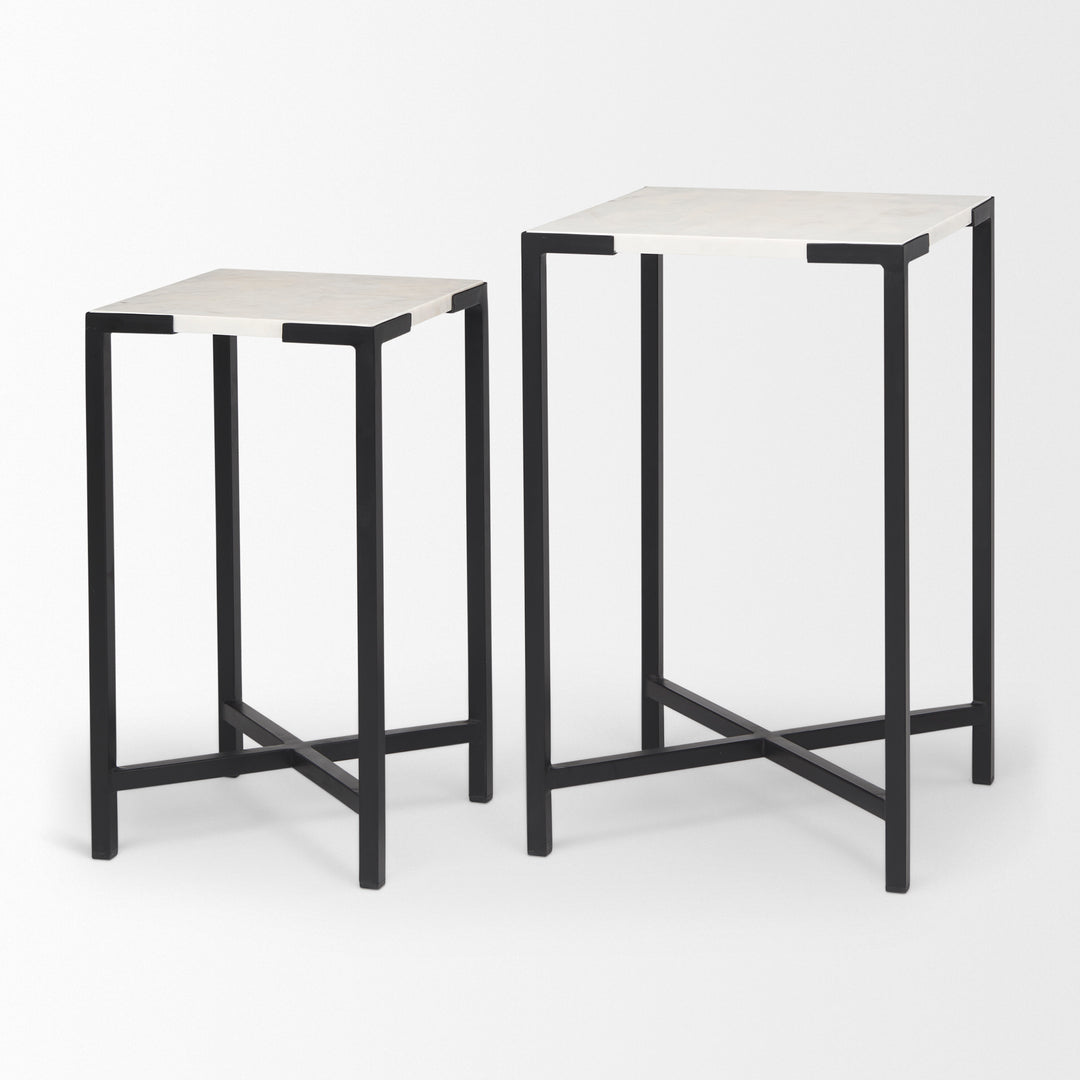 Lucas III (Set of 2) 15L x 15W; 12L x 12W White Marble W/Black Iron Frame Accent Tables Decor Mercana
