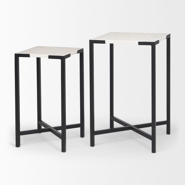 Lucas III (Set of 2) 15L x 15W; 12L x 12W White Marble W/Black Iron Frame Accent Tables Decor Mercana