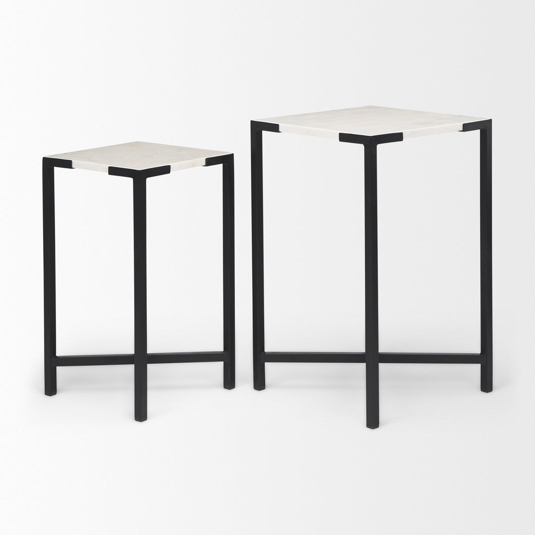 Lucas III (Set of 2) 15L x 15W; 12L x 12W White Marble W/Black Iron Frame Accent Tables Decor Mercana