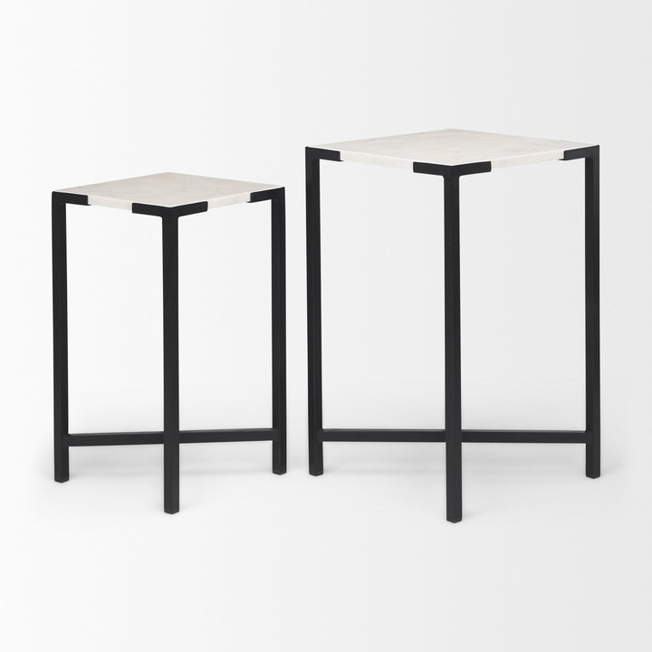 Lucas III (Set of 2) 15L x 15W; 12L x 12W White Marble W/Black Iron Frame Accent Tables Decor Mercana
