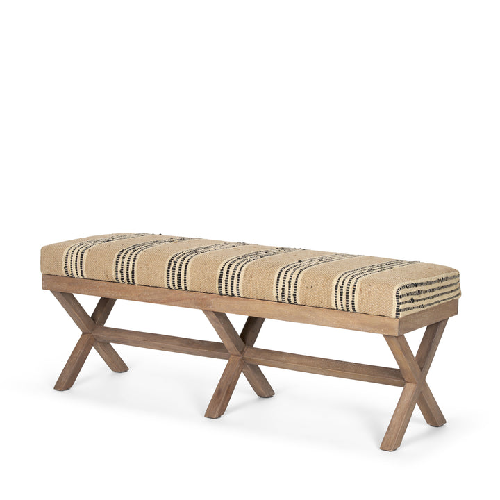 Solis 50L x 16W Brown Base Upholstered Beige/Black Stripe Seat Accent Bench Living Room Mercana