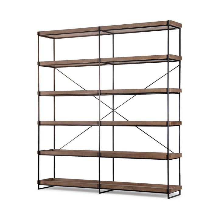 Trey IV Medium Brown Wood and Iron Five Tray Shelf Shelving Unit Decor Mercana