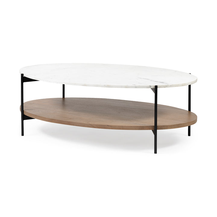 Larkin 48" Oval White Marble Top and Solid Wood Shelf w/ Black Metal Frame Coffee Table Dining Room Mercana