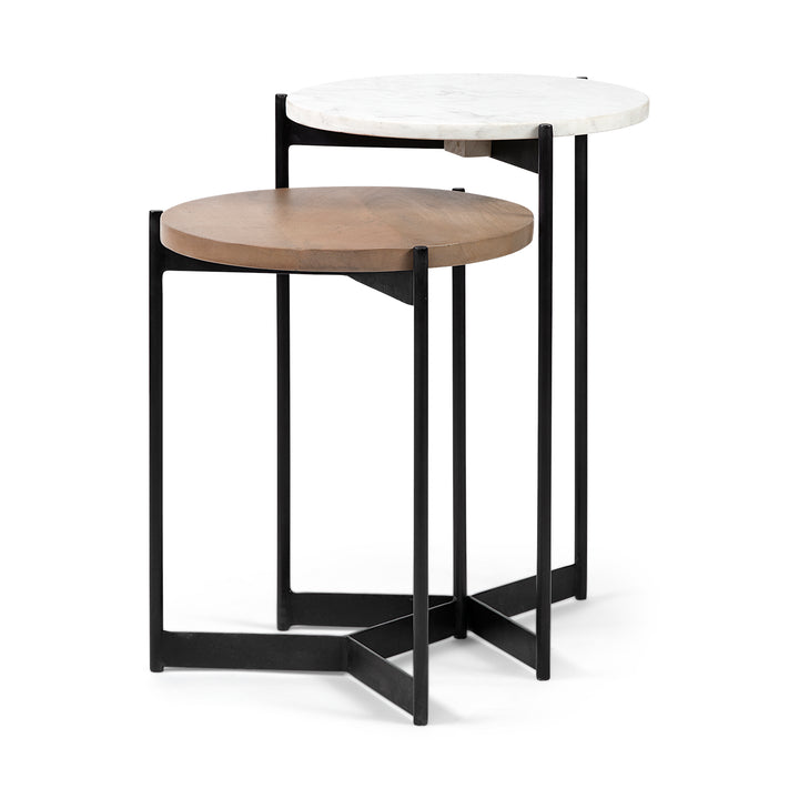 Larkin II Marble and Medium Brown Wood Round Tabletop Nesting End/Side Tables Living Room Mercana
