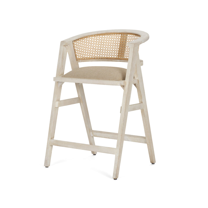 Tabitha 26.75" Seat Height Beige Fabric/Rattan Seat Blonde Wood Frame Counter Stool Dining Room Mercana