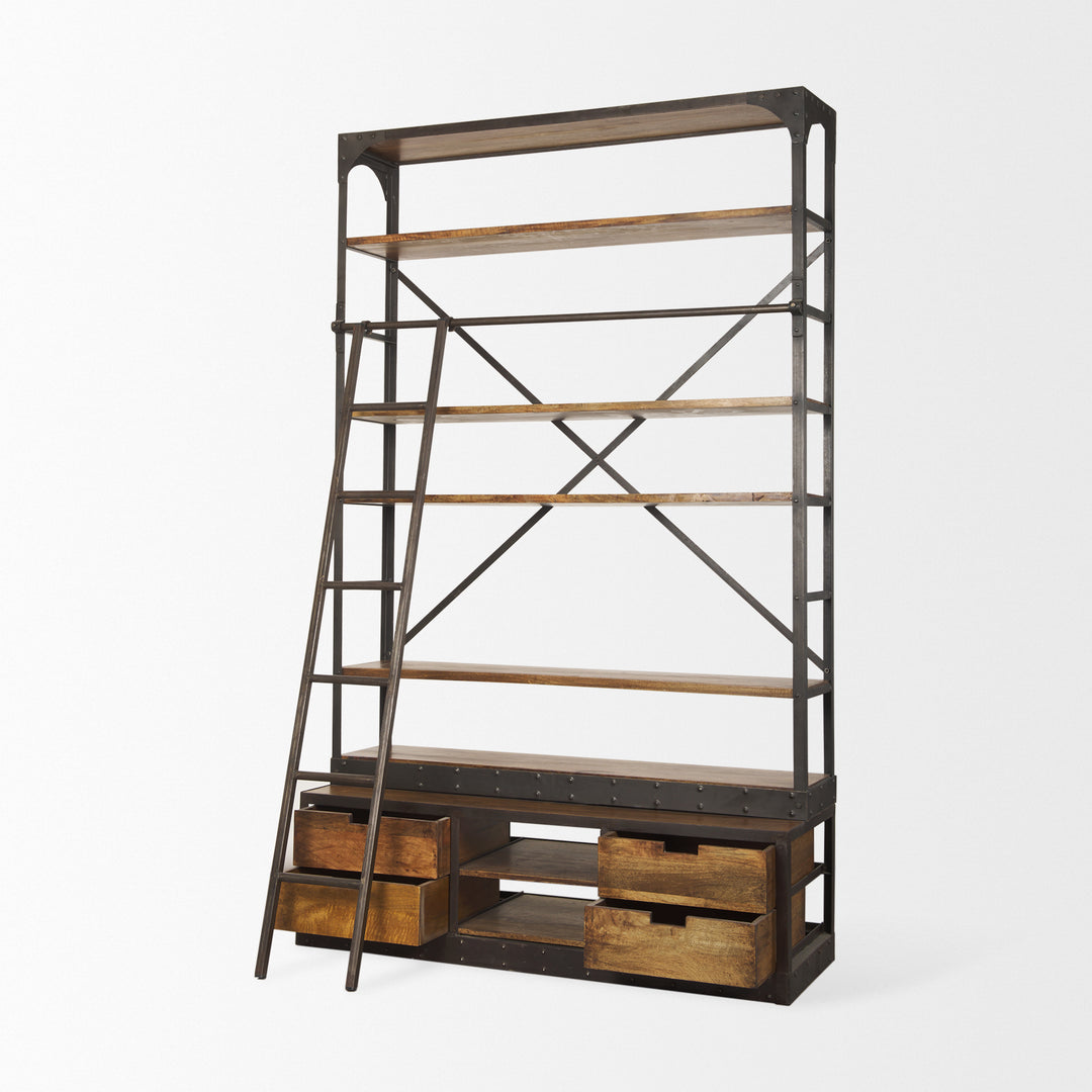 Brodie II Medium Brown Wood Black Ladder Four Shelf Shelving Unit Living Room Mercana