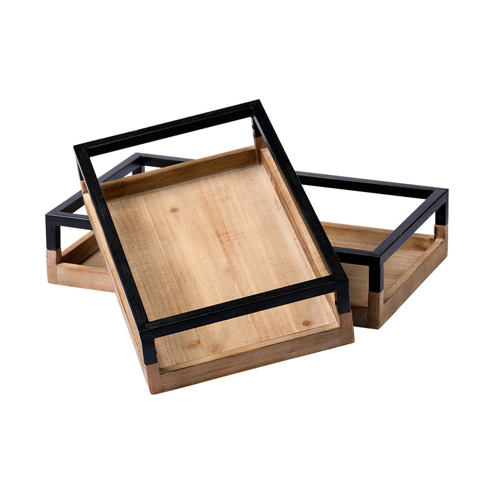 Ross Set of 2 Natural Wood W/ Black Metal Nesting Trays Decor Mercana
