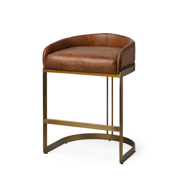 Hollyfield II Brown Leather Seat Gold Metal Base Stool Dining Room Mercana