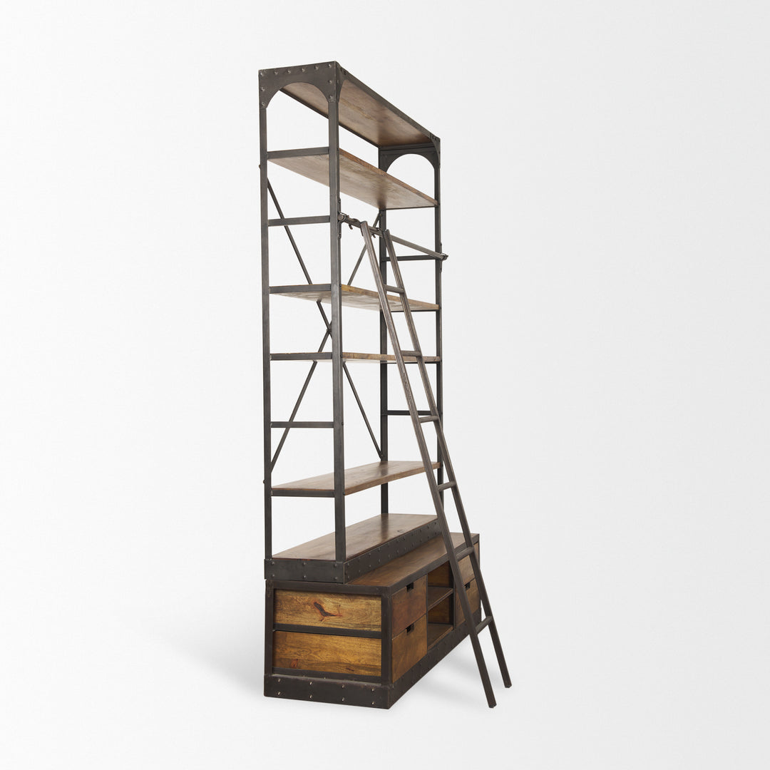 Brodie II Medium Brown Wood Black Ladder Four Shelf Shelving Unit Living Room Mercana