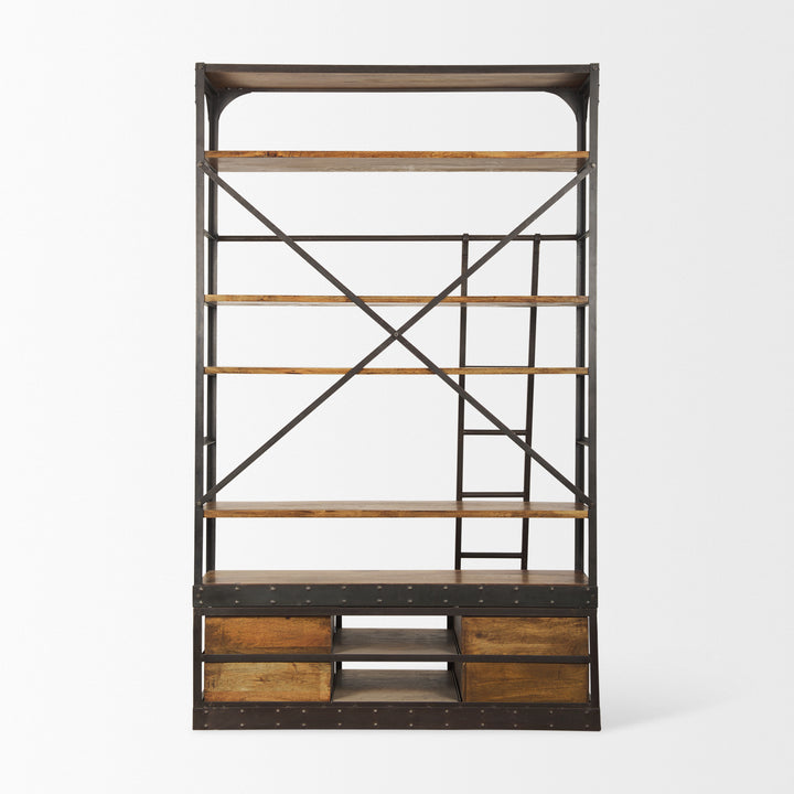 Brodie II Medium Brown Wood Black Ladder Four Shelf Shelving Unit Living Room Mercana