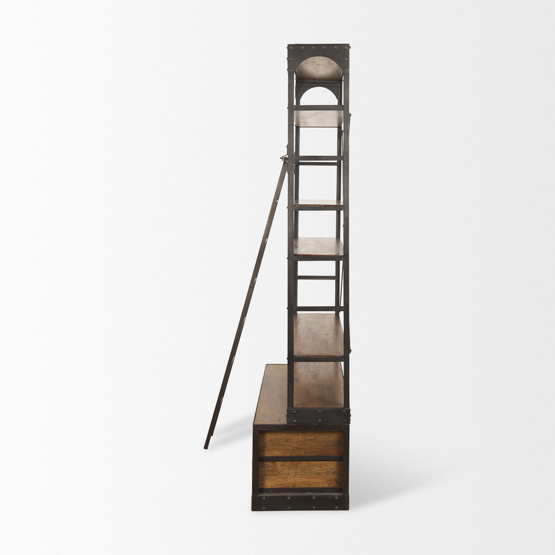 Brodie II Medium Brown Wood Black Ladder Four Shelf Shelving Unit Living Room Mercana