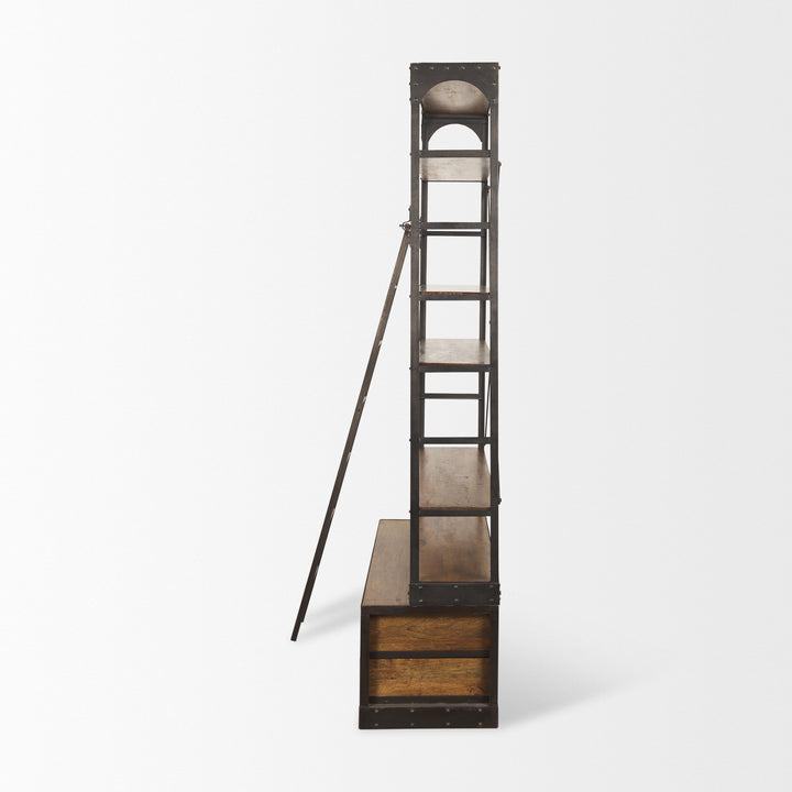 Brodie II Medium Brown Wood Black Ladder Four Shelf Shelving Unit Living Room Mercana