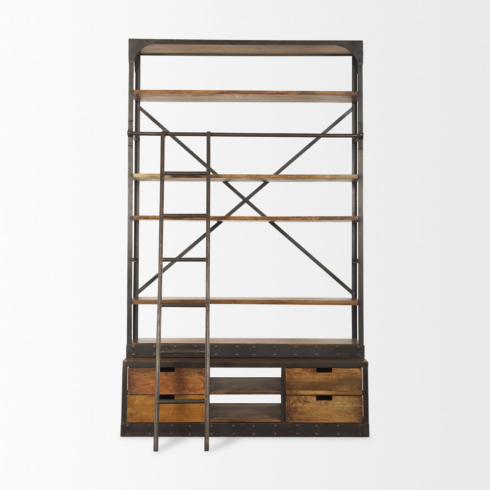 Brodie II Medium Brown Wood Black Ladder Four Shelf Shelving Unit Living Room Mercana