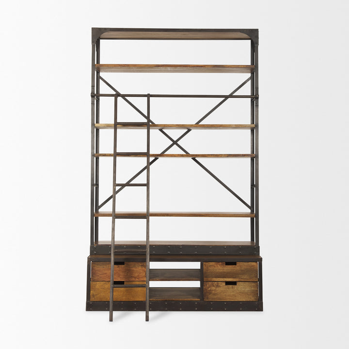 Brodie II Medium Brown Wood Black Ladder Four Shelf Shelving Unit Living Room Mercana