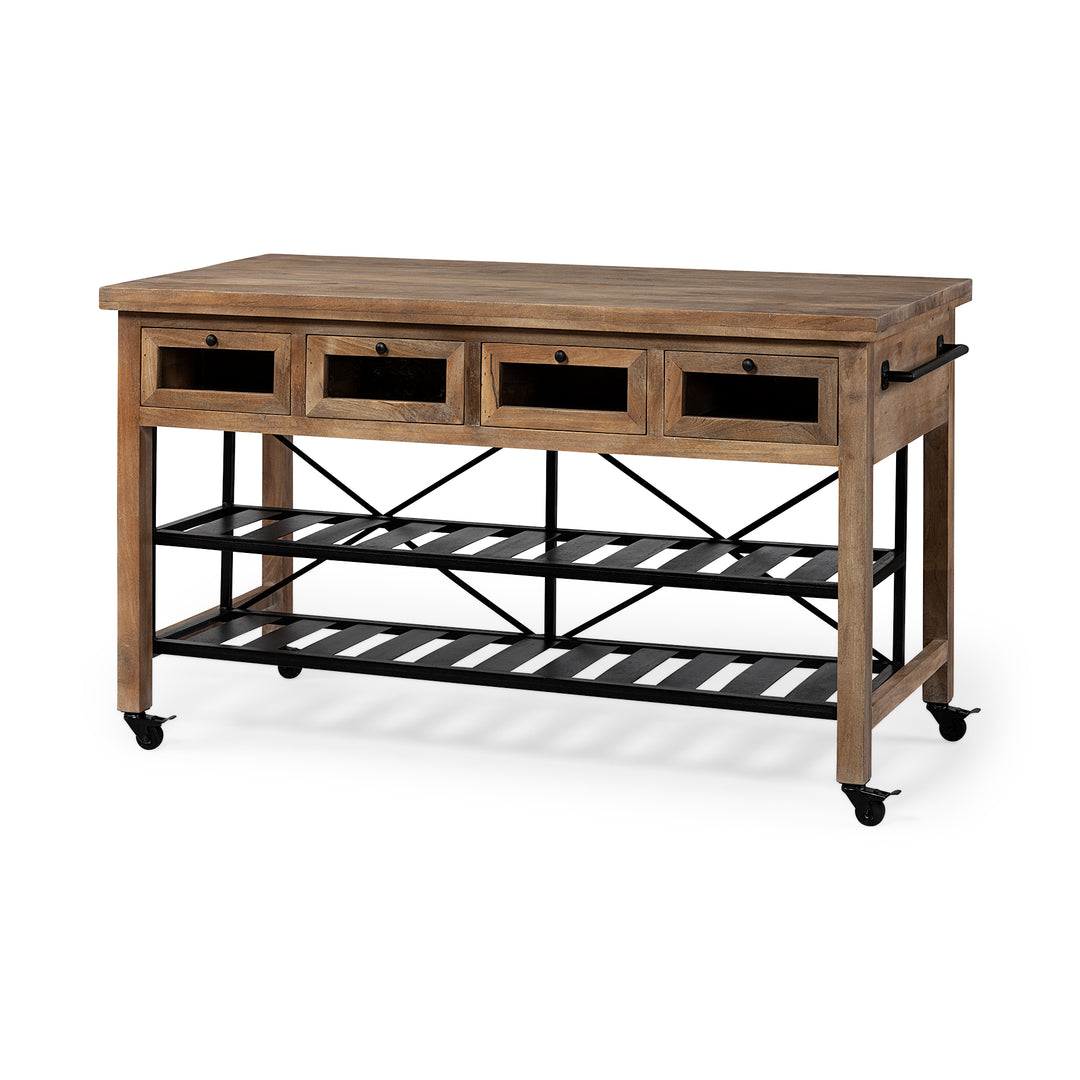 Stuart I Brown Solid Wood Top Two-Tier Black Metal Rolling Kitchen Island Dining Room Mercana