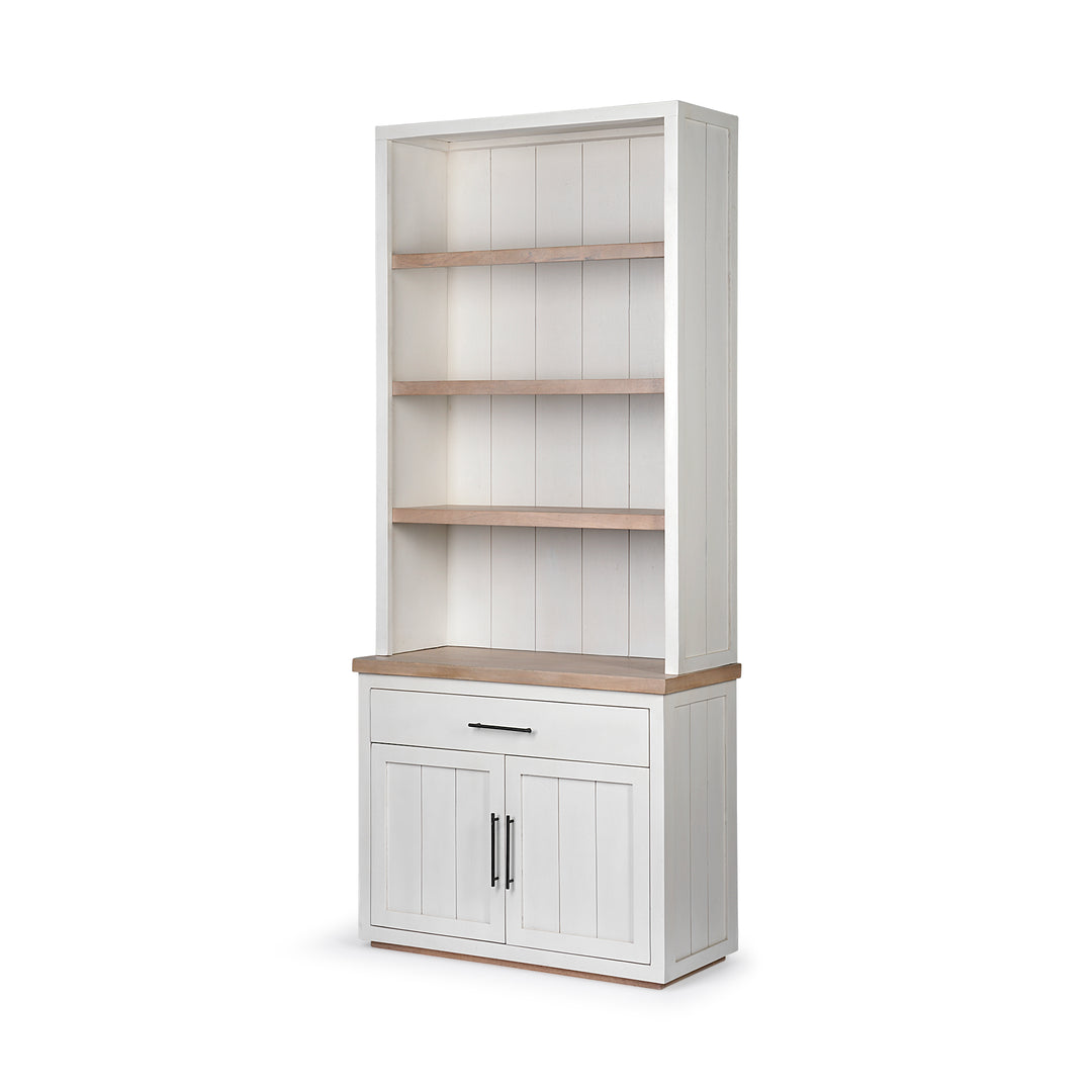 Fairview I White and Medium Brown Wood Three Shelf Shelving Unit Living Room Mercana
