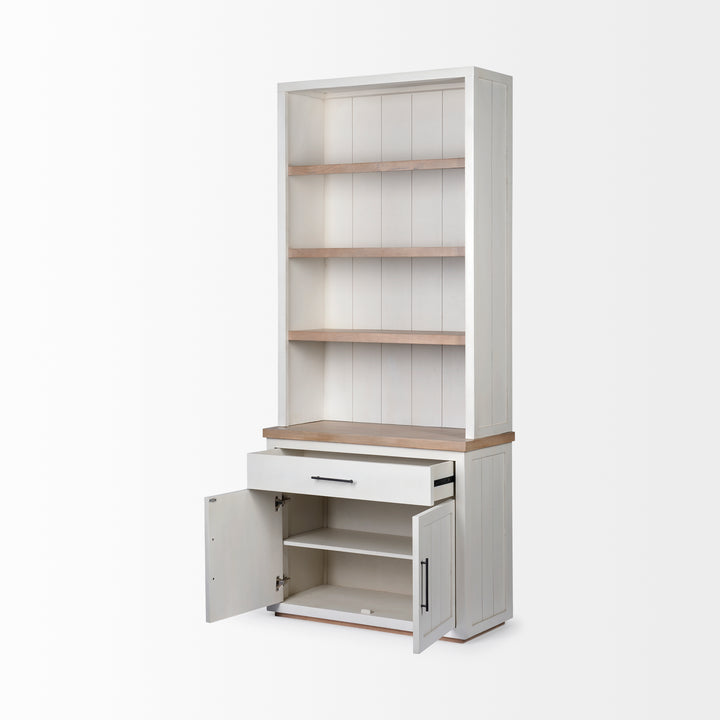 Fairview I White and Medium Brown Wood Three Shelf Shelving Unit Living Room Mercana
