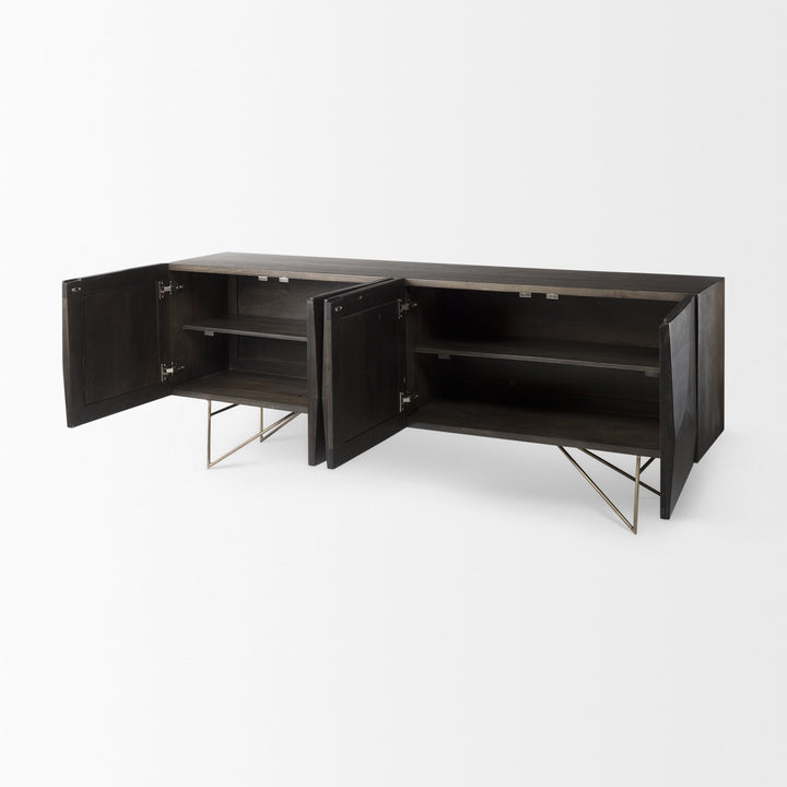 Darwin 80x17.5 Brown Solid Wood Gold Metal Base 4 Cabinet Door Sideboard Dining Room Mercana