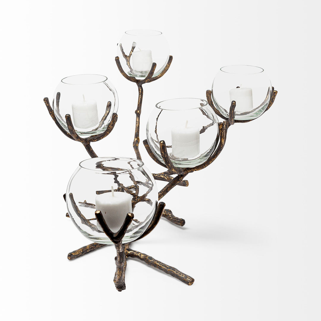 Vine II Distressed Gold Metal Creeper Five Candle Table Candle Holder Decor Mercana
