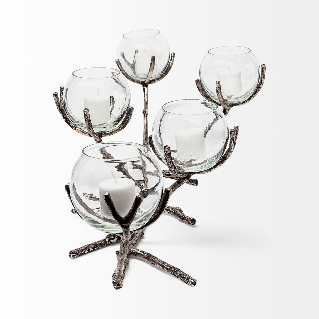 Vine I Distressed Silver Metal Creeper Five Candle Table Candle Holder Decor Mercana