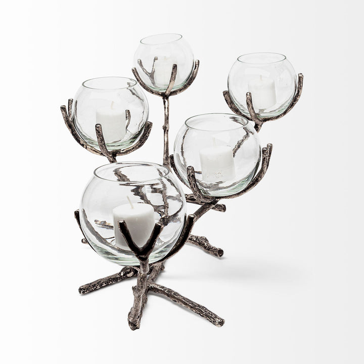 Vine I Distressed Silver Metal Creeper Five Candle Table Candle Holder Decor Mercana