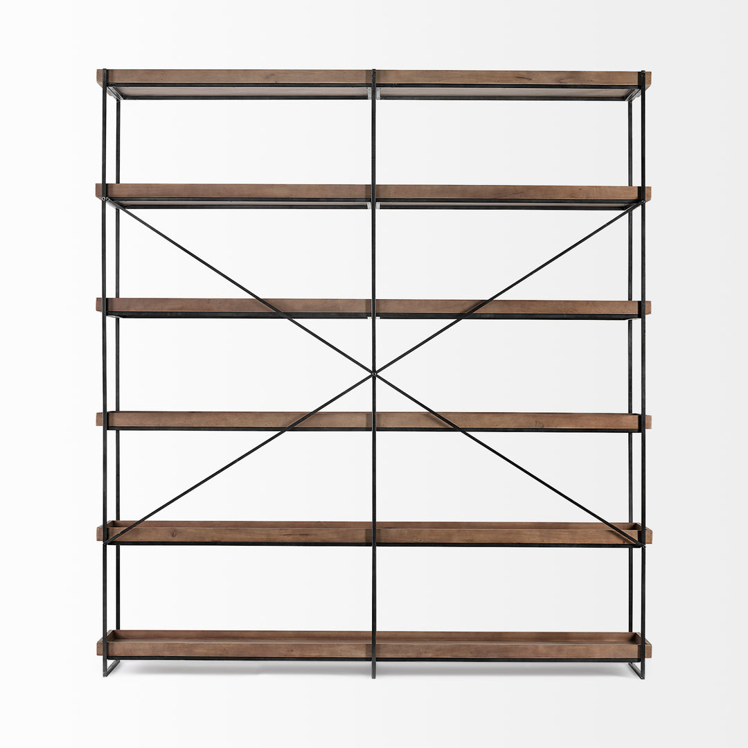 Trey IV Medium Brown Wood and Iron Five Tray Shelf Shelving Unit Decor Mercana