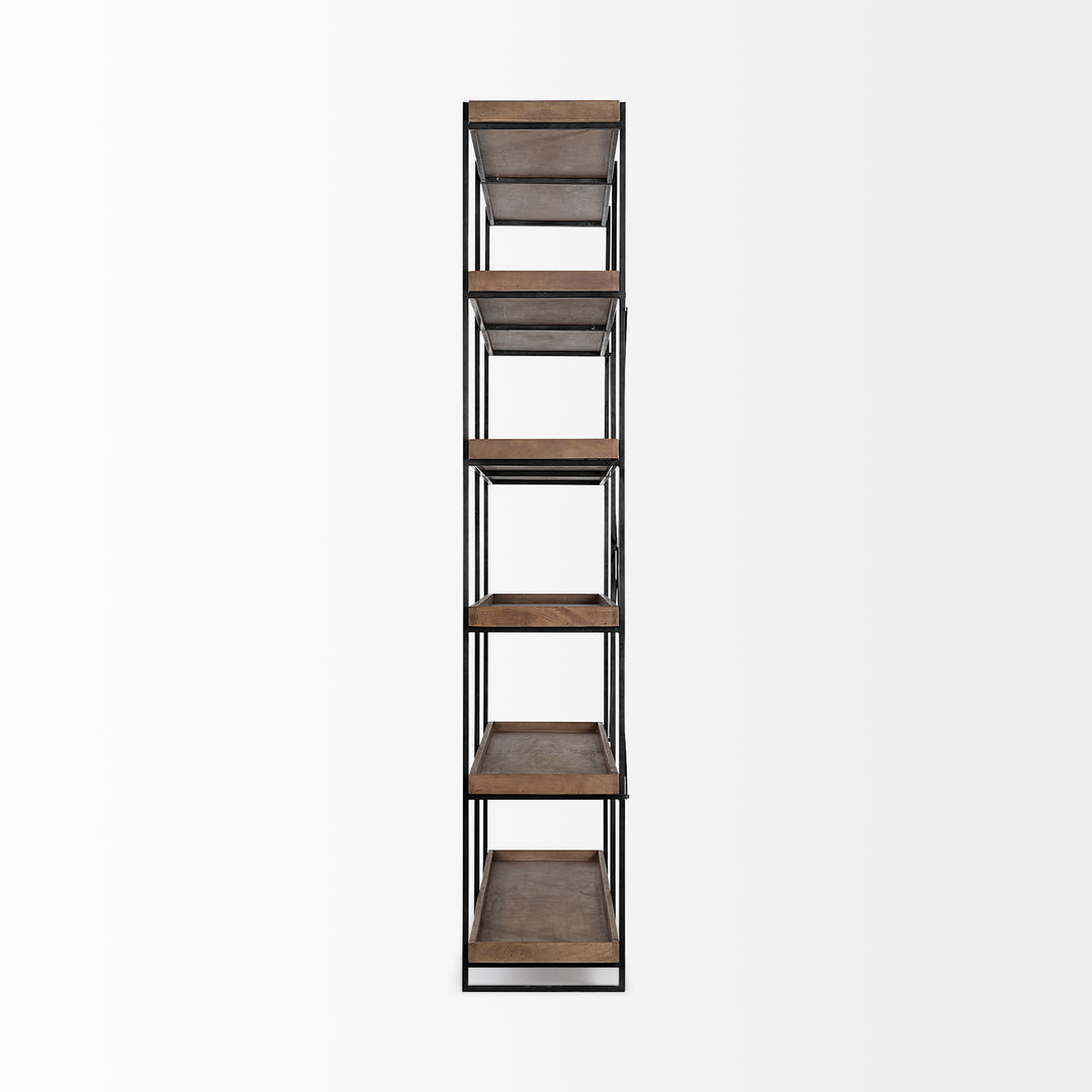 Trey IV Medium Brown Wood and Iron Five Tray Shelf Shelving Unit Decor Mercana
