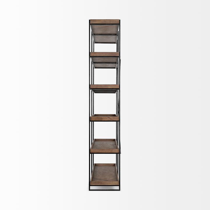 Trey IV Medium Brown Wood and Iron Five Tray Shelf Shelving Unit Decor Mercana