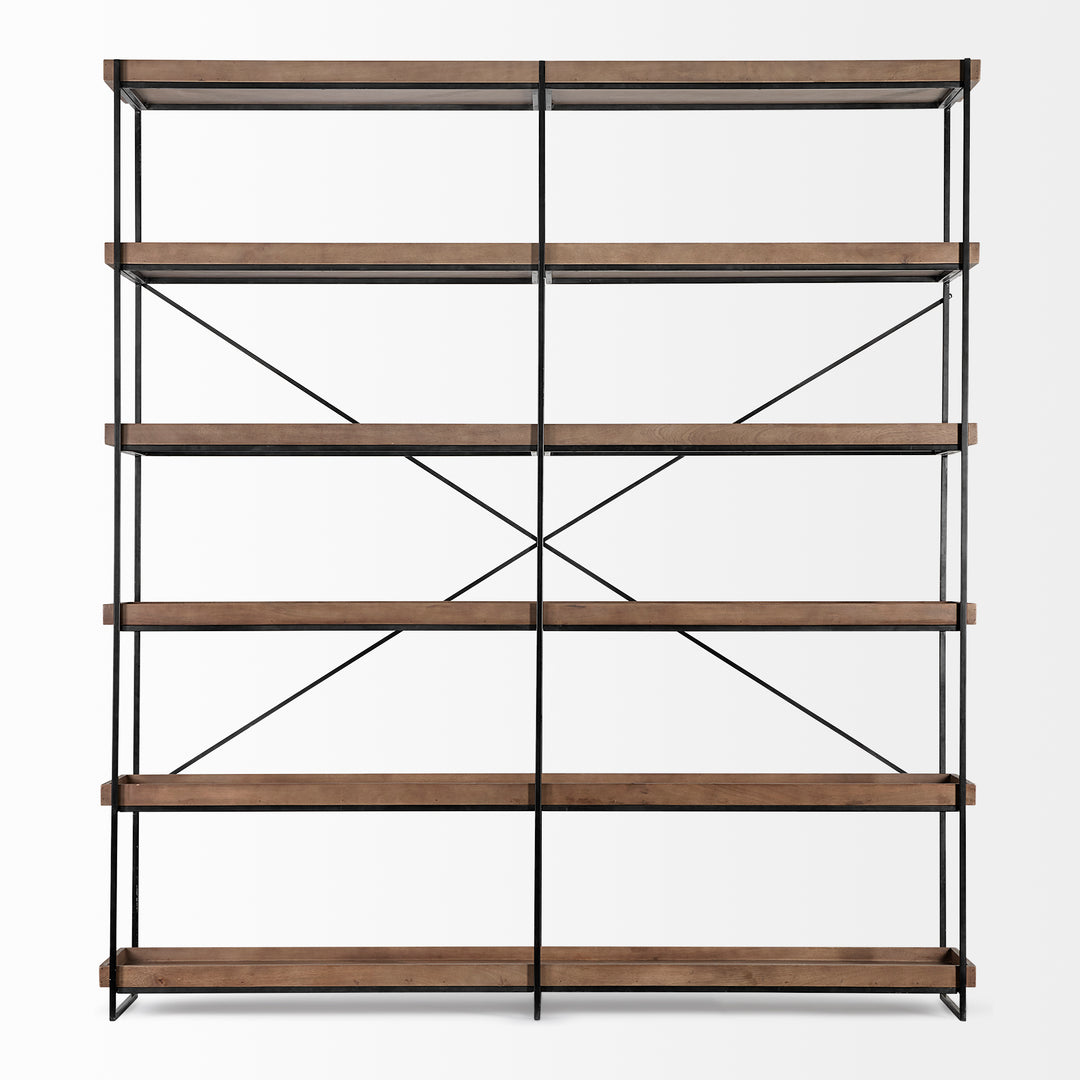 Trey IV Medium Brown Wood and Iron Five Tray Shelf Shelving Unit Decor Mercana