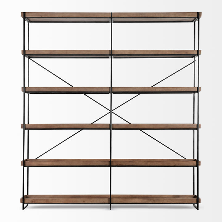 Trey IV Medium Brown Wood and Iron Five Tray Shelf Shelving Unit Decor Mercana