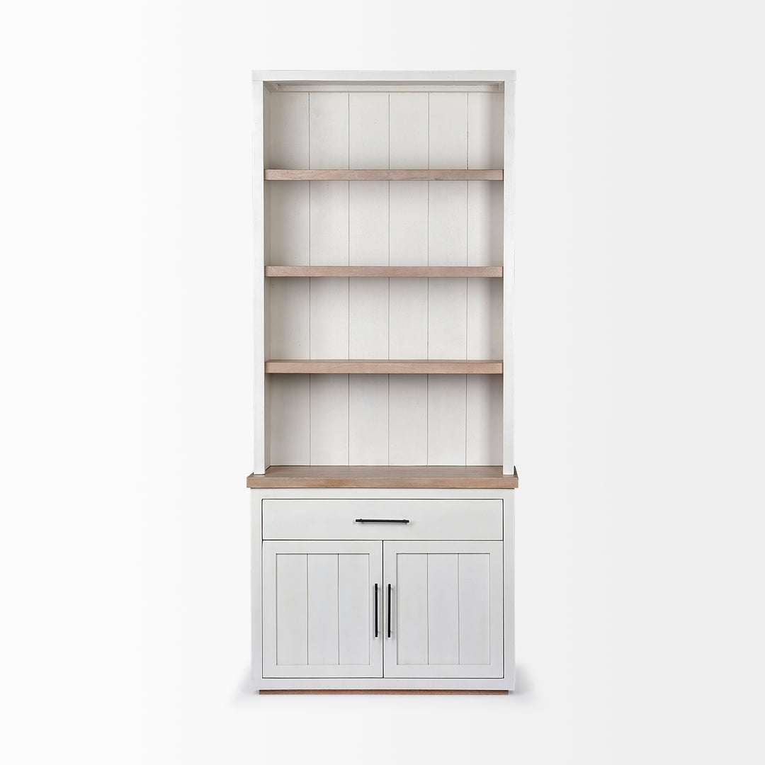 Fairview I White and Medium Brown Wood Three Shelf Shelving Unit Living Room Mercana