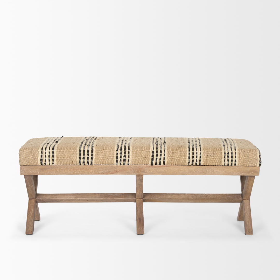 Solis 50L x 16W Brown Base Upholstered Beige/Black Stripe Seat Accent Bench Living Room Mercana