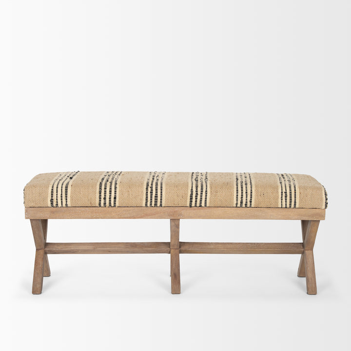 Solis 50L x 16W Brown Base Upholstered Beige/Black Stripe Seat Accent Bench Living Room Mercana