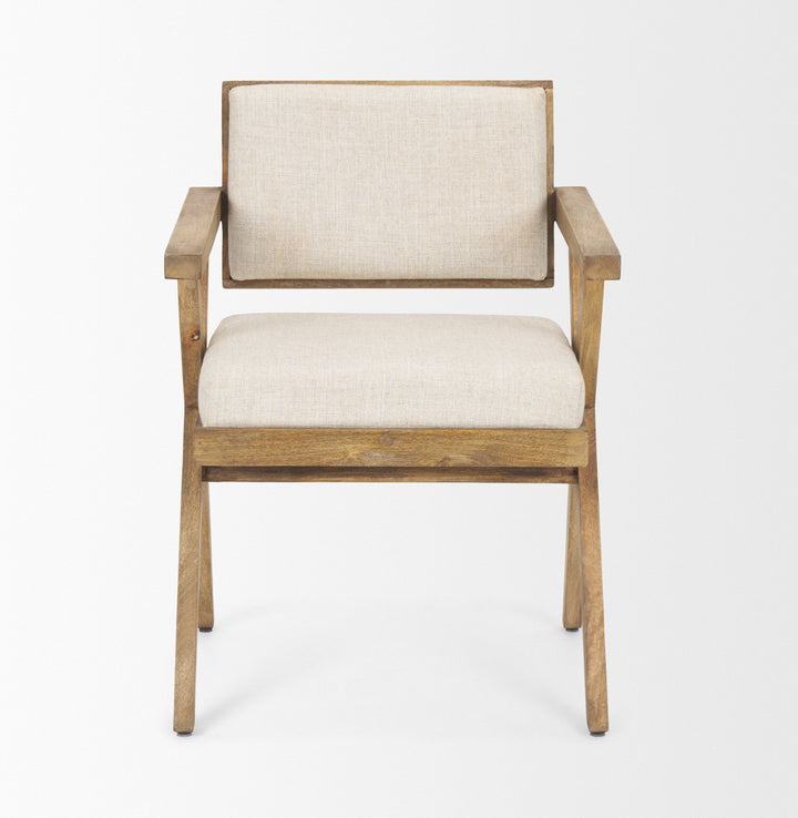 Topanga I Cream Fabric Wrap Medium Brown Wooden Frame Dining Chair Living Room Mercana