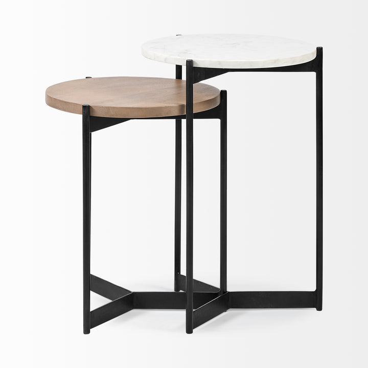 Larkin II Marble and Medium Brown Wood Round Tabletop Nesting End/Side Tables Living Room Mercana