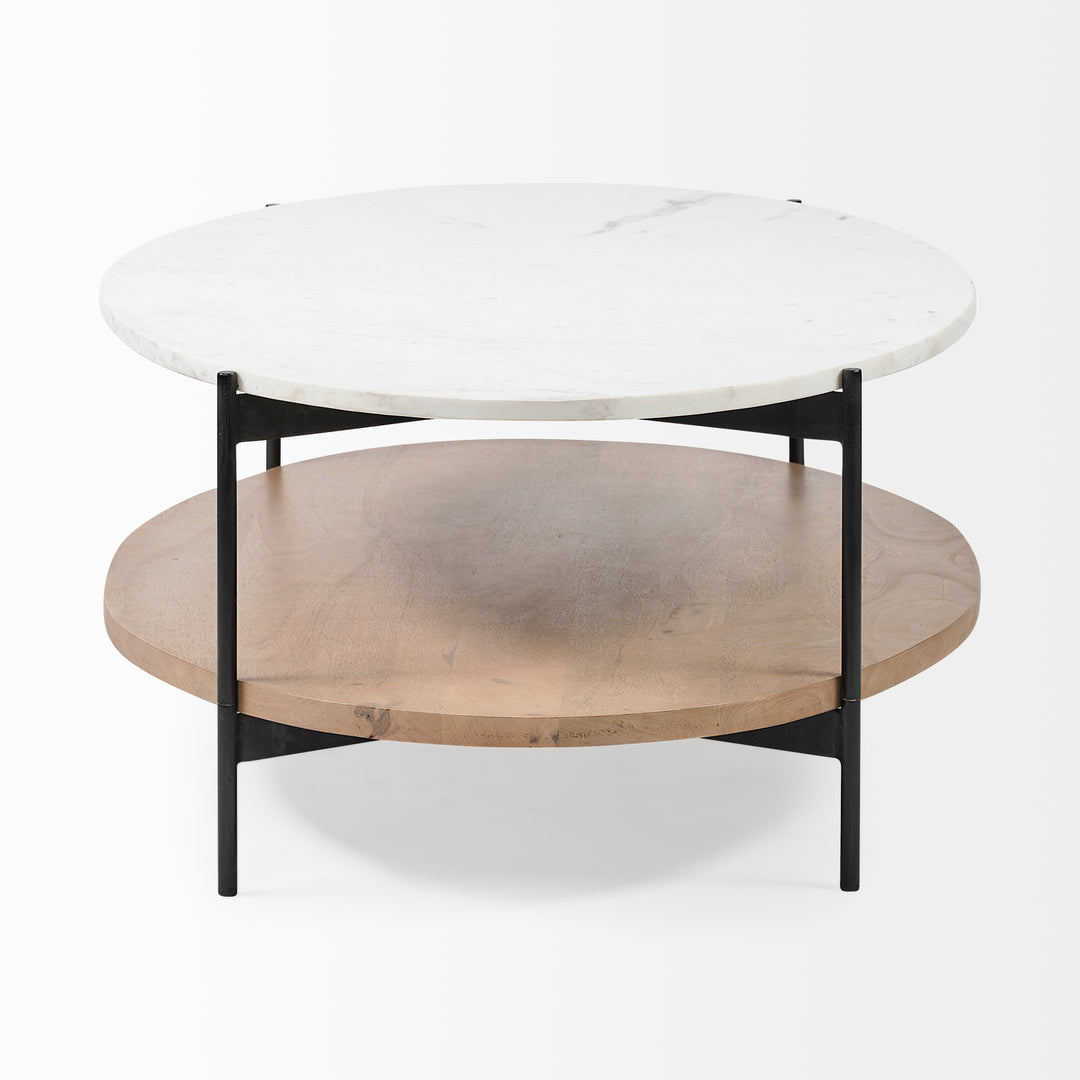 Larkin 48" Oval White Marble Top and Solid Wood Shelf w/ Black Metal Frame Coffee Table Dining Room Mercana