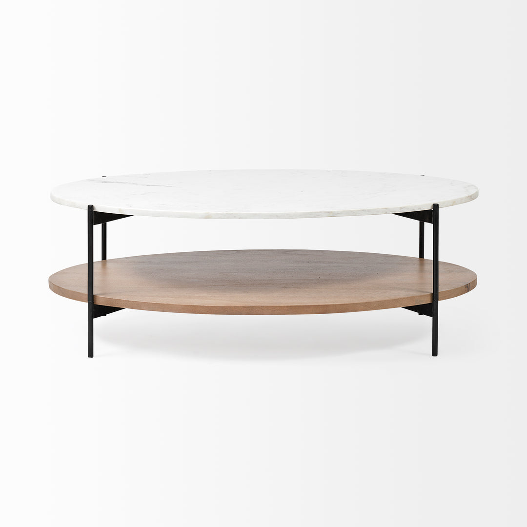 Larkin 48" Oval White Marble Top and Solid Wood Shelf w/ Black Metal Frame Coffee Table Dining Room Mercana