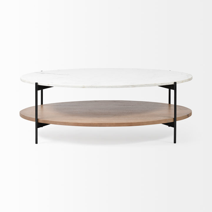 Larkin 48" Oval White Marble Top and Solid Wood Shelf w/ Black Metal Frame Coffee Table Dining Room Mercana
