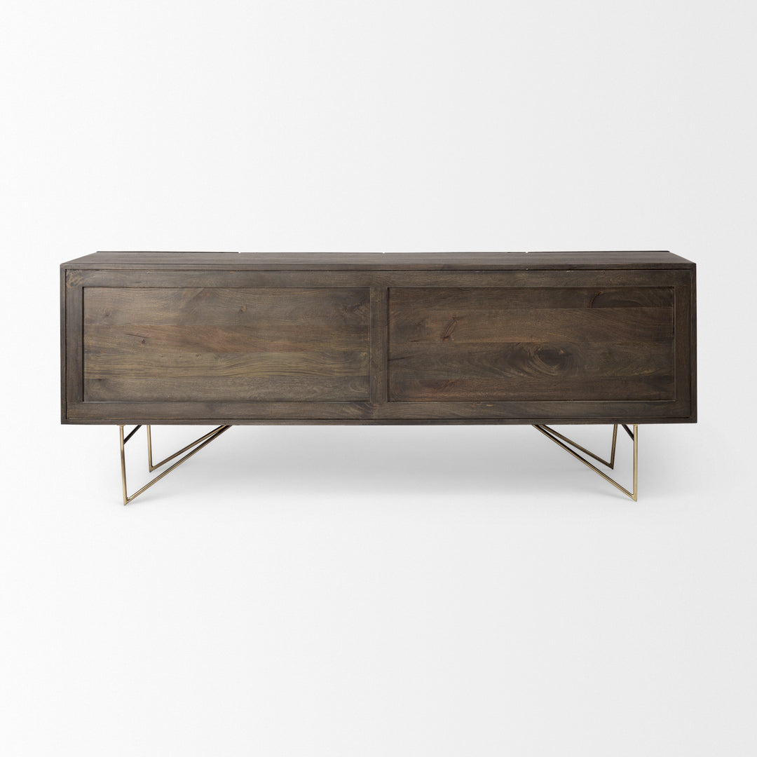 Darwin 80x17.5 Brown Solid Wood Gold Metal Base 4 Cabinet Door Sideboard Dining Room Mercana
