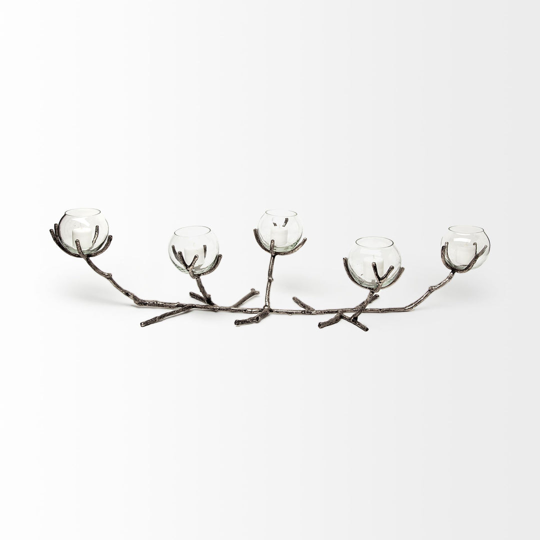 Vine I Distressed Silver Metal Creeper Five Candle Table Candle Holder Decor Mercana