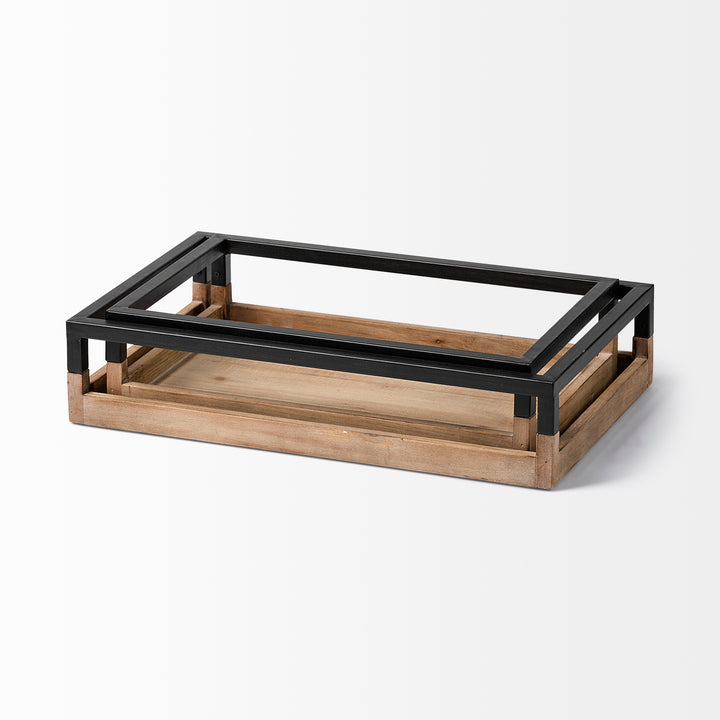 Ross Set of 2 Natural Wood W/ Black Metal Nesting Trays Decor Mercana